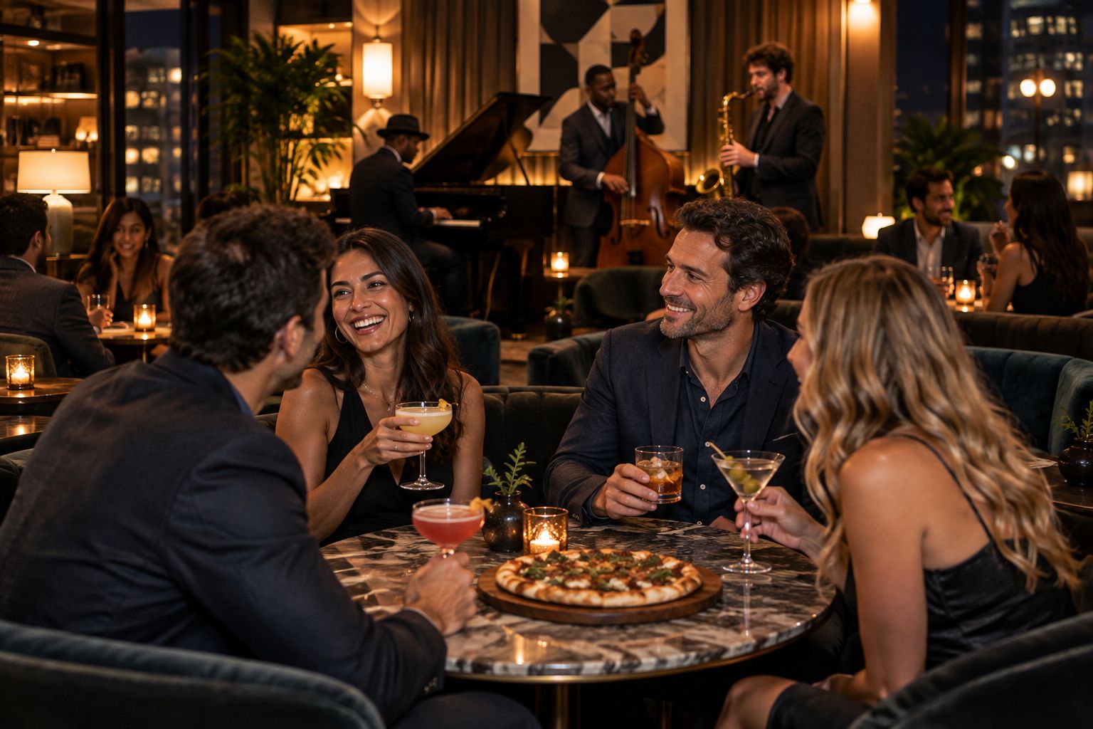 Upscale lounge interior with live jazz trio and cocktails on marble tables