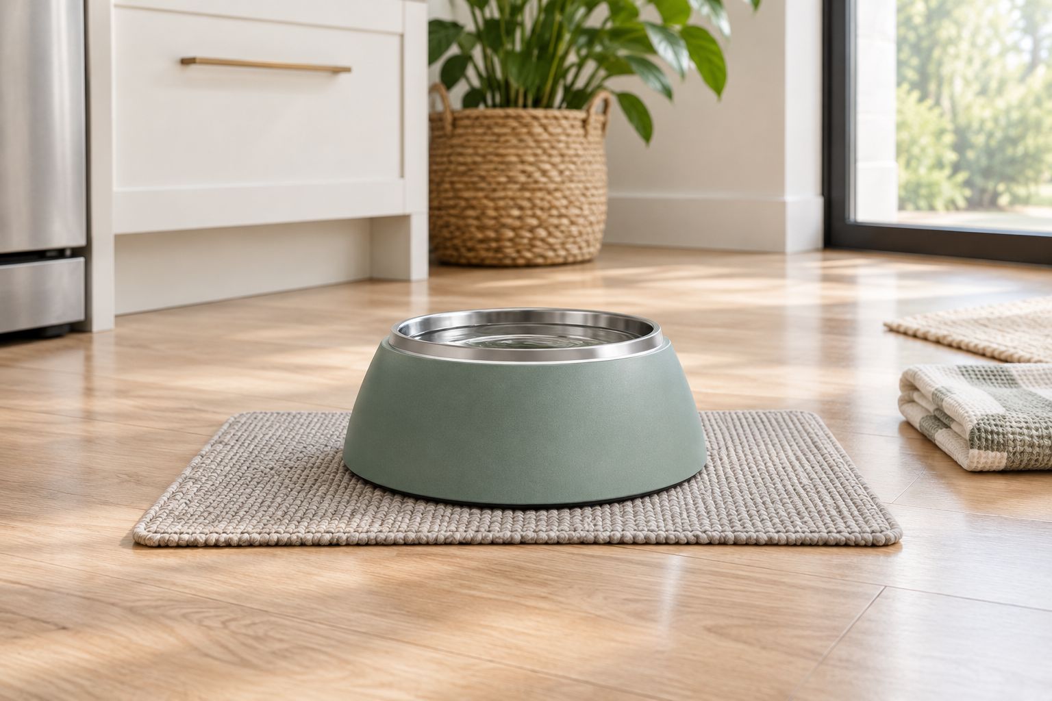 A dog water station with an accessible bowl, washable mat, and nearby cloth