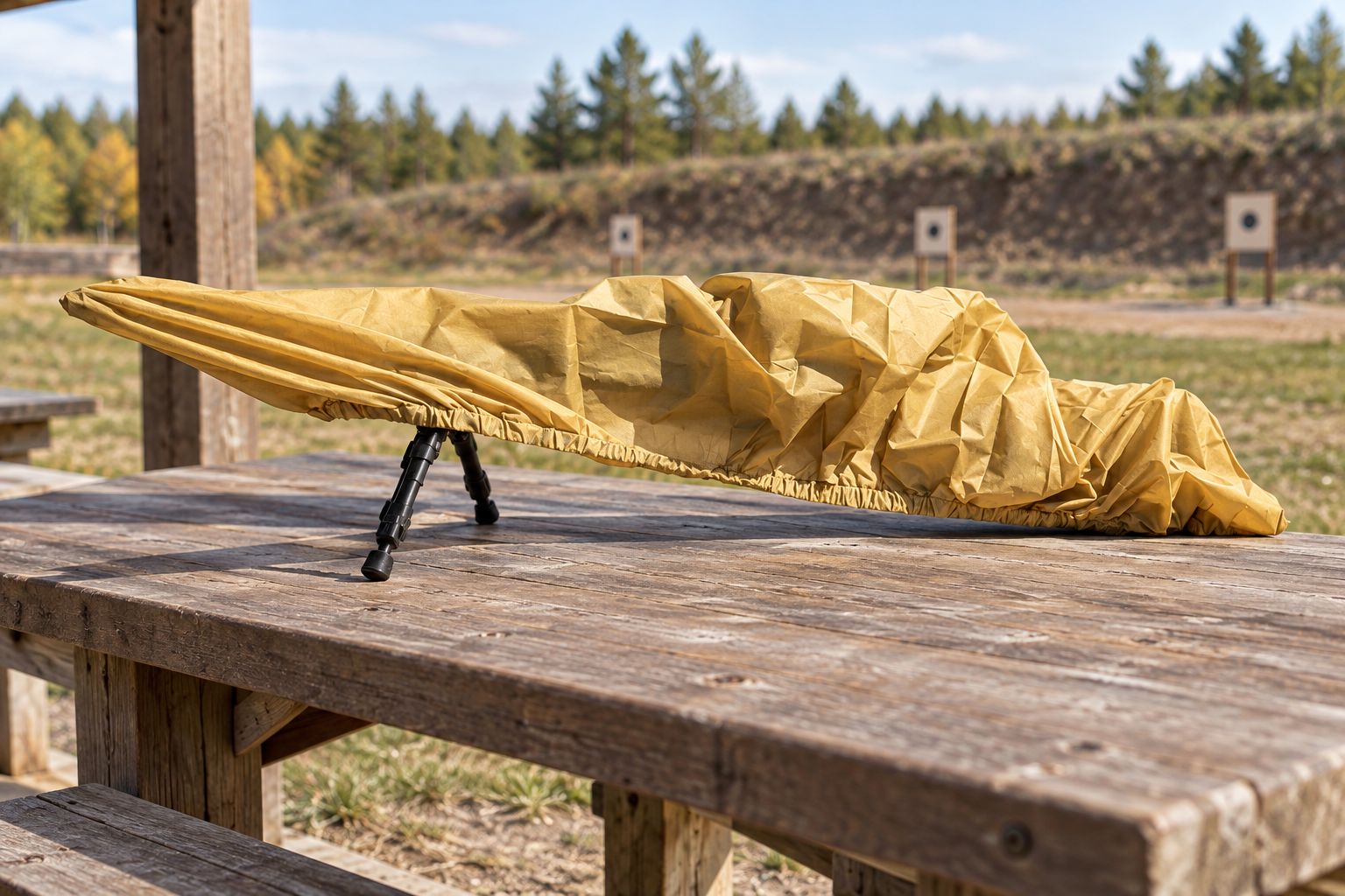 Rifle weather cover resting over a sporting rifle on an outdoor range bench