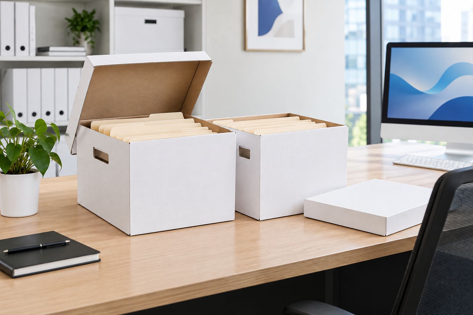 White corrugated file boxes showing an attached lid and a separate lid beside the container