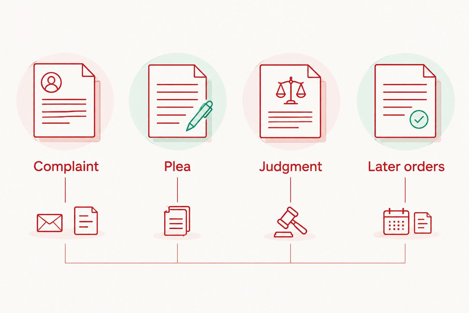 Four separate document types: complaint, plea, judgment and later orders.