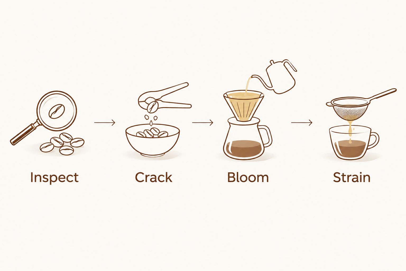 Four stages for preparing spice oil: inspect, crack, bloom, and strain.