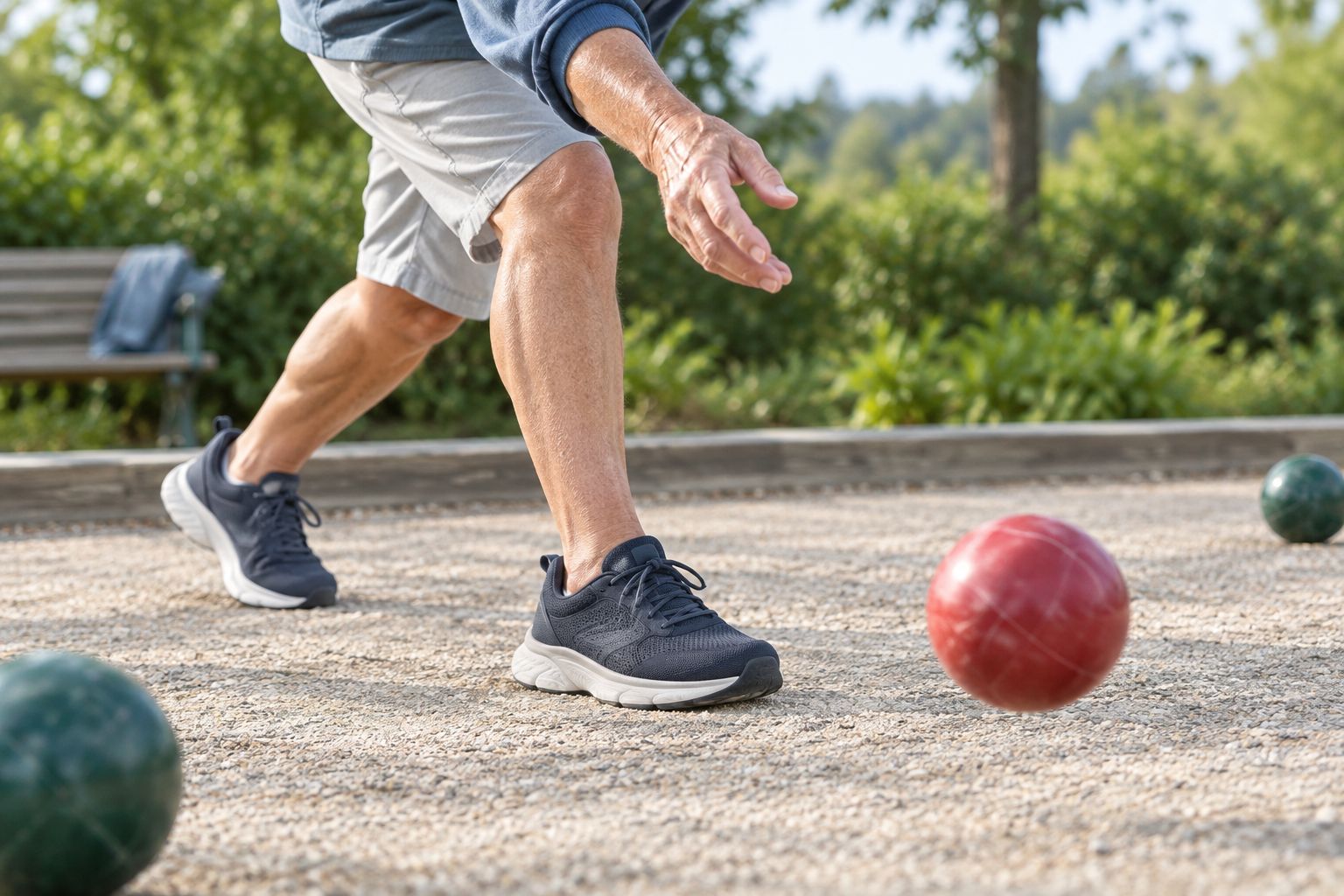 Retiree wearing stability walking shoes on a bocce court
