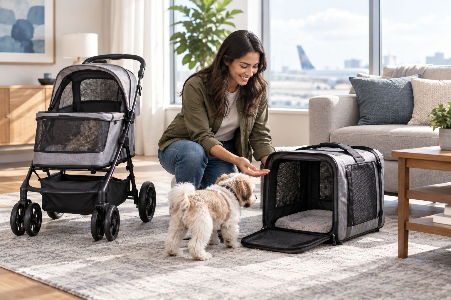 Owner practicing a calm transfer between a pet stroller and a carrier at home