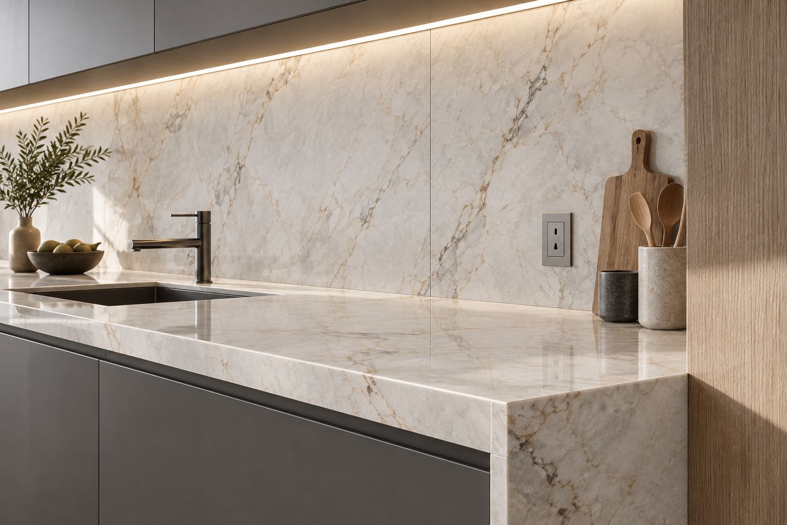 Porcelain backsplash showing a panel joint, exposed end and outlet cover beside a countertop