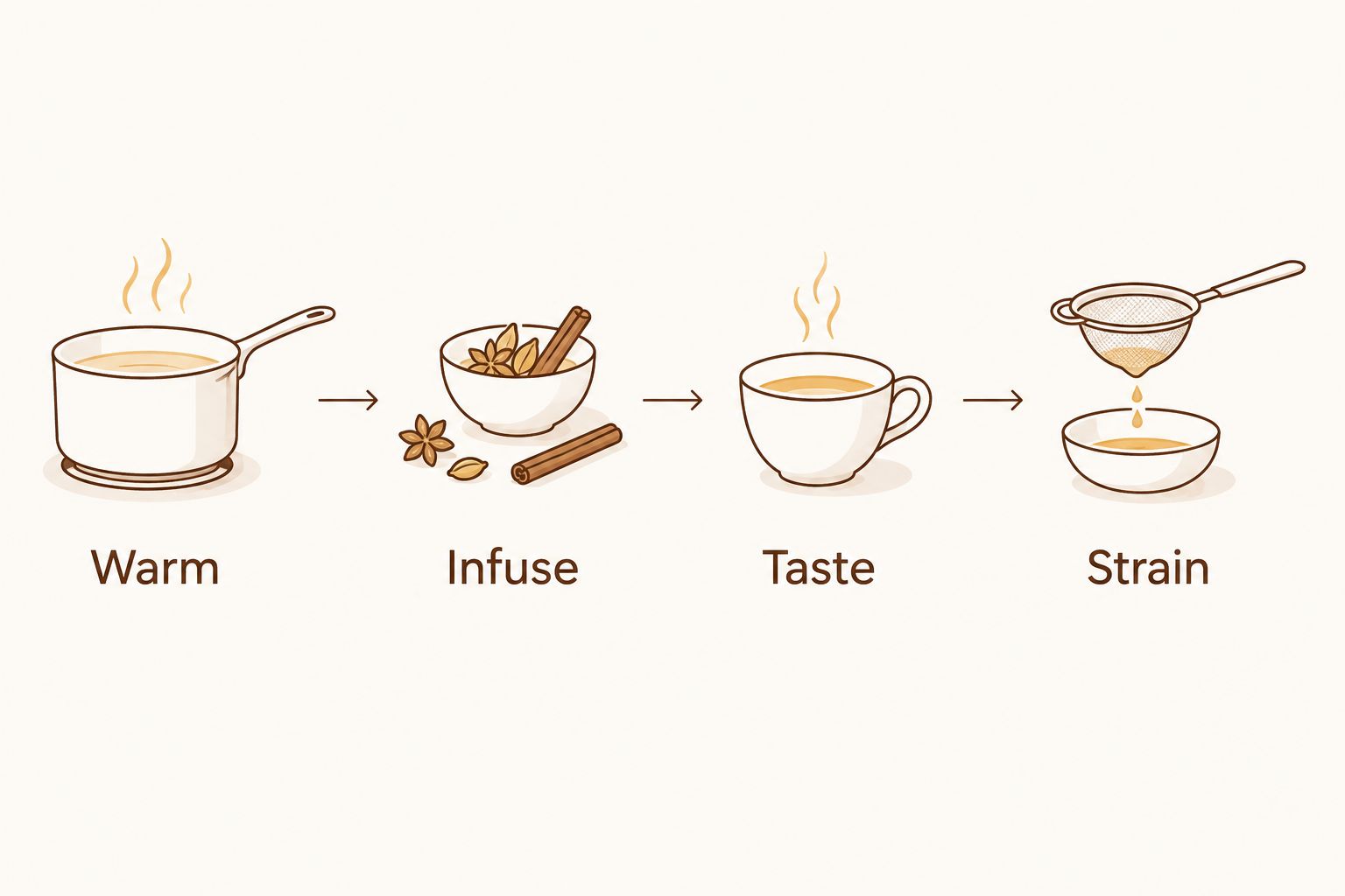 Four stages of mulling a drink: warm, infuse, taste, and strain