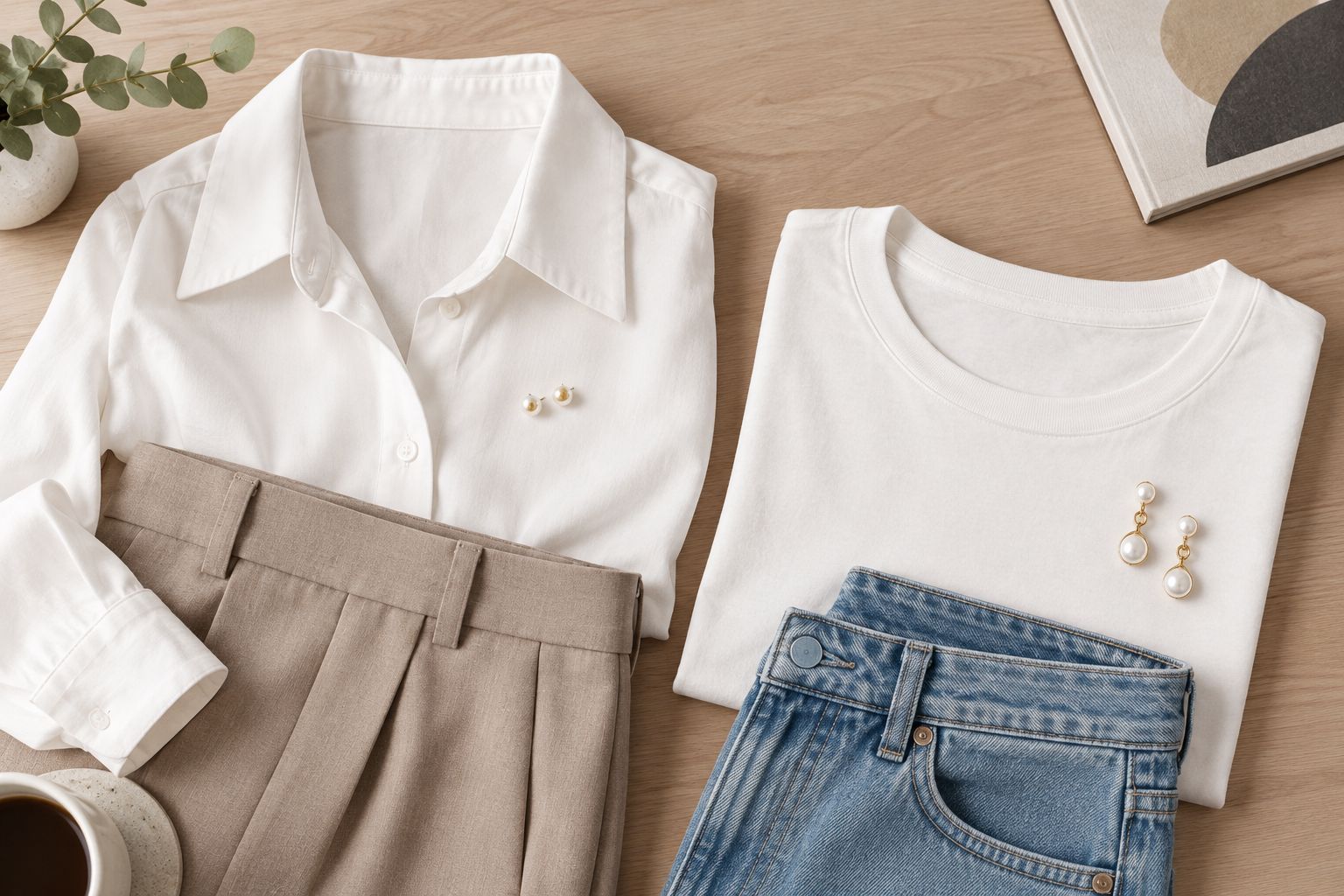 Duas combinações para trabalhar, com camisa e brincos pequenos ou camiseta e brincos pendentes.