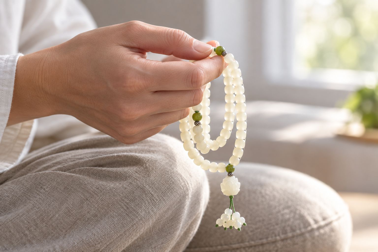 Natural white bodhi seed mala held during seated meditation