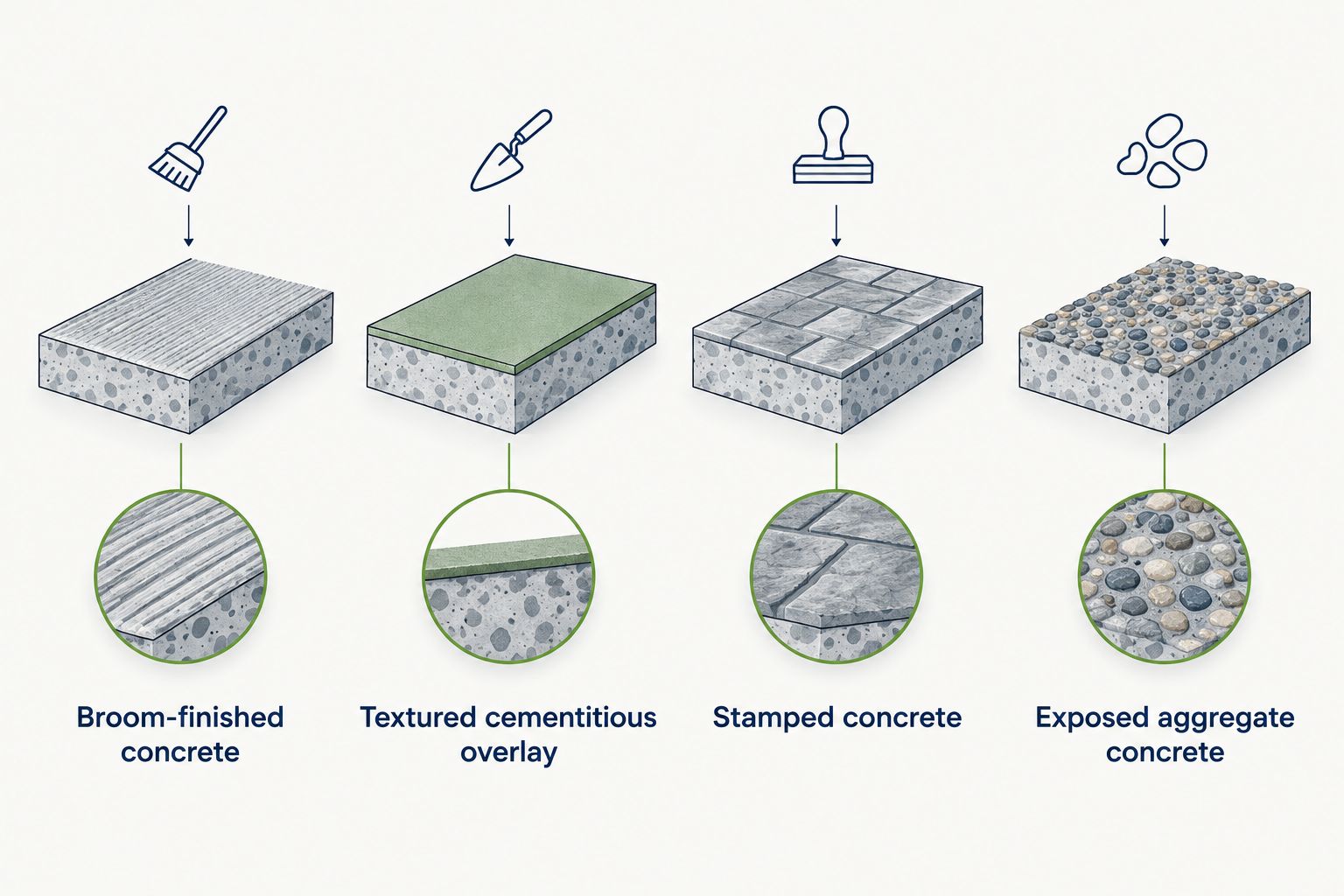 Comparison of broom-finished concrete, textured overlay, stamped concrete, and exposed aggregate