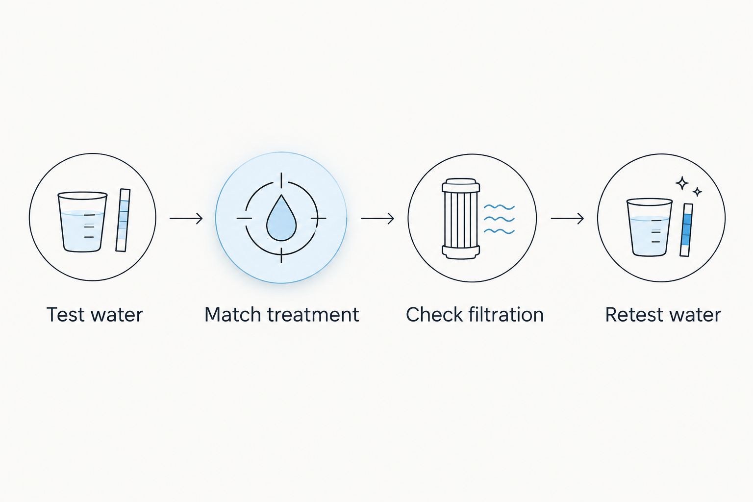 Treatment sequence from water testing through chemical selection, equipment checks and retesting