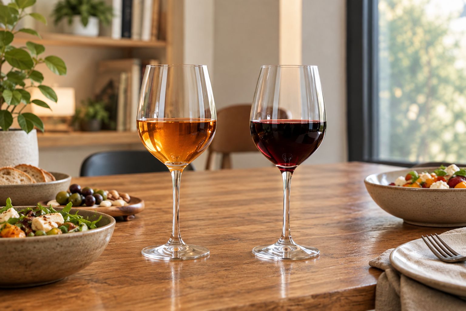Glasses of orange and red wine side by side on a dinner table