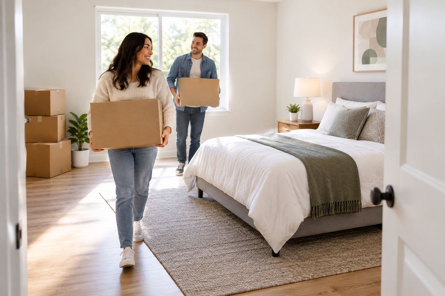 Bedroom with essential furniture placed and moving boxes kept away from the clear doorway