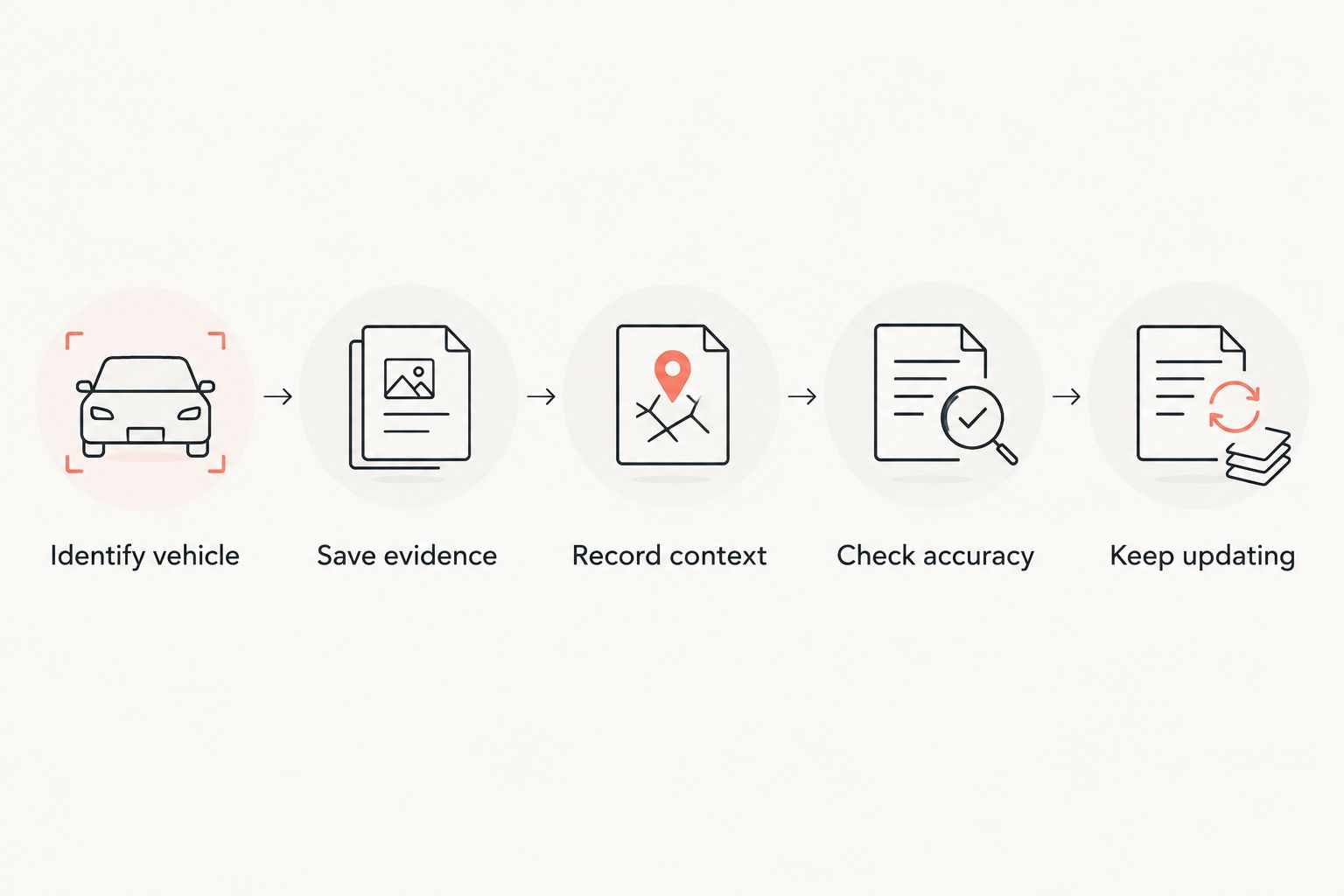 A sequence for identifying a vehicle, saving evidence, recording context, checking accuracy, and updating records.