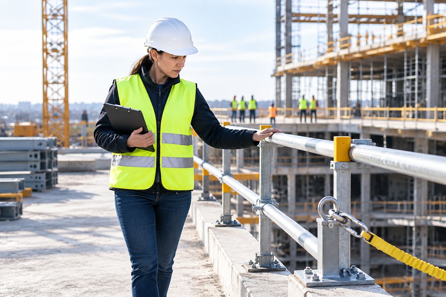 Safety consultant inspecting fall protection anchor points on a construction site