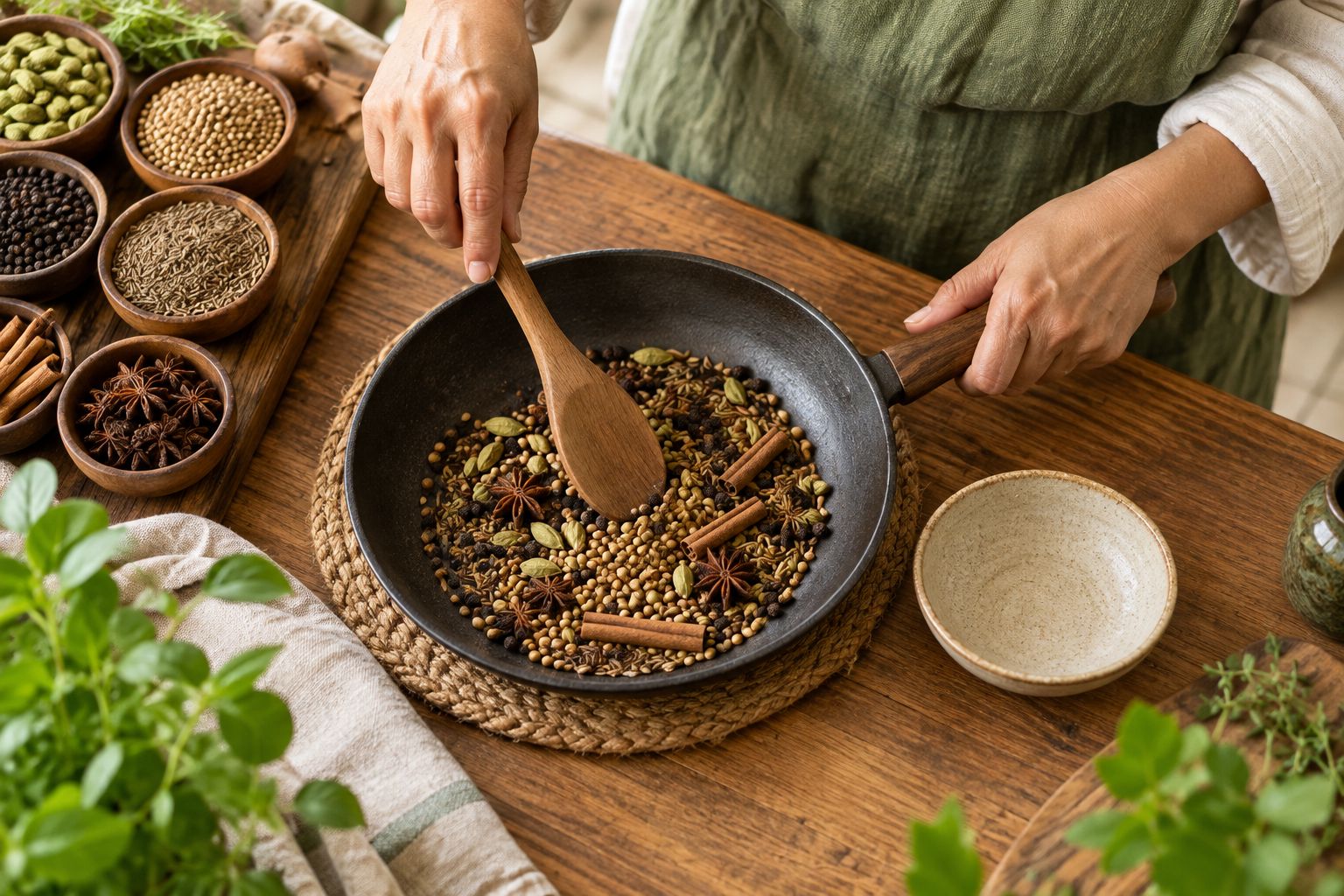 Whole seed spices being moved in a dry skillet beside a dish for cooling