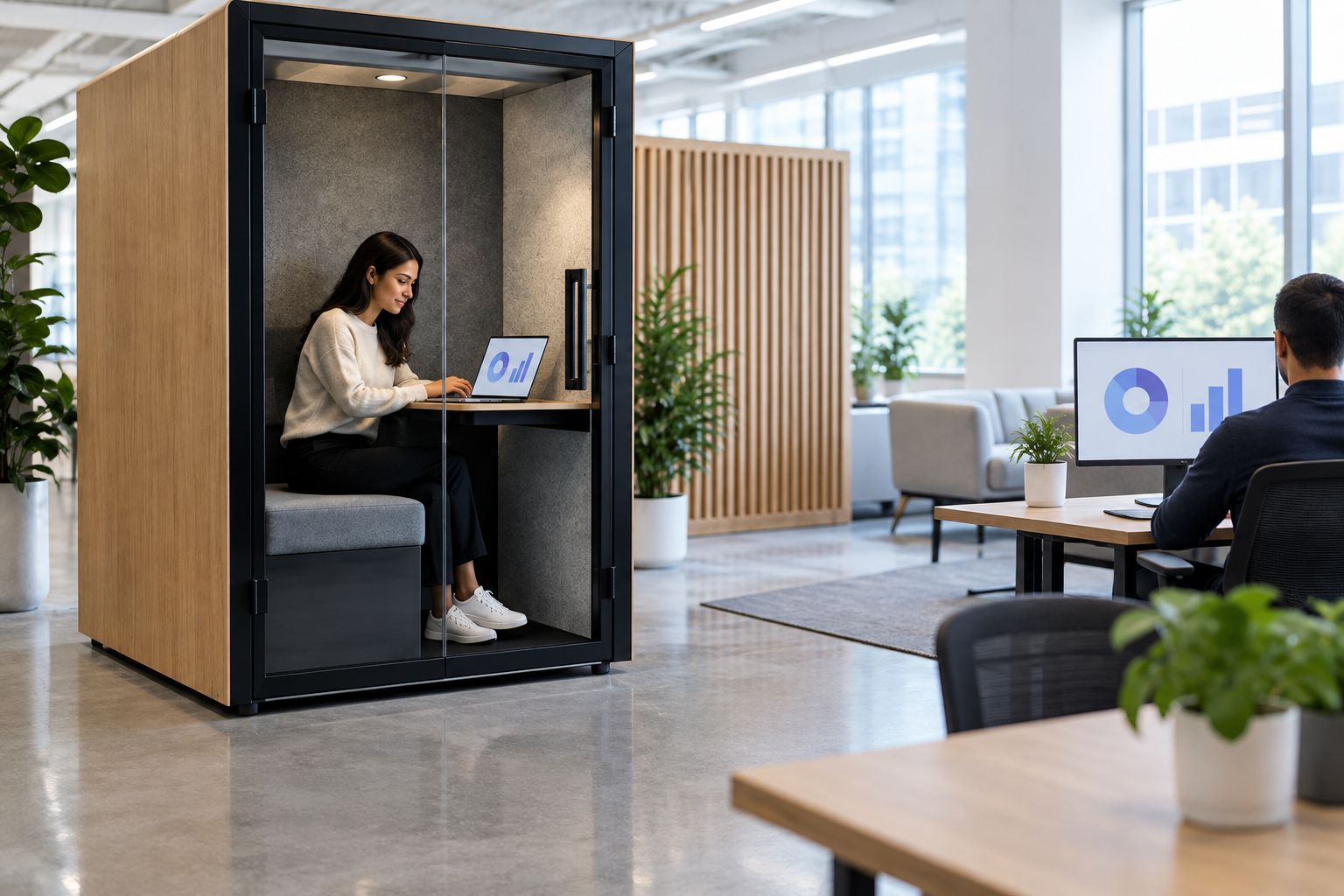 An individual using a laptop inside an unbranded office phone booth