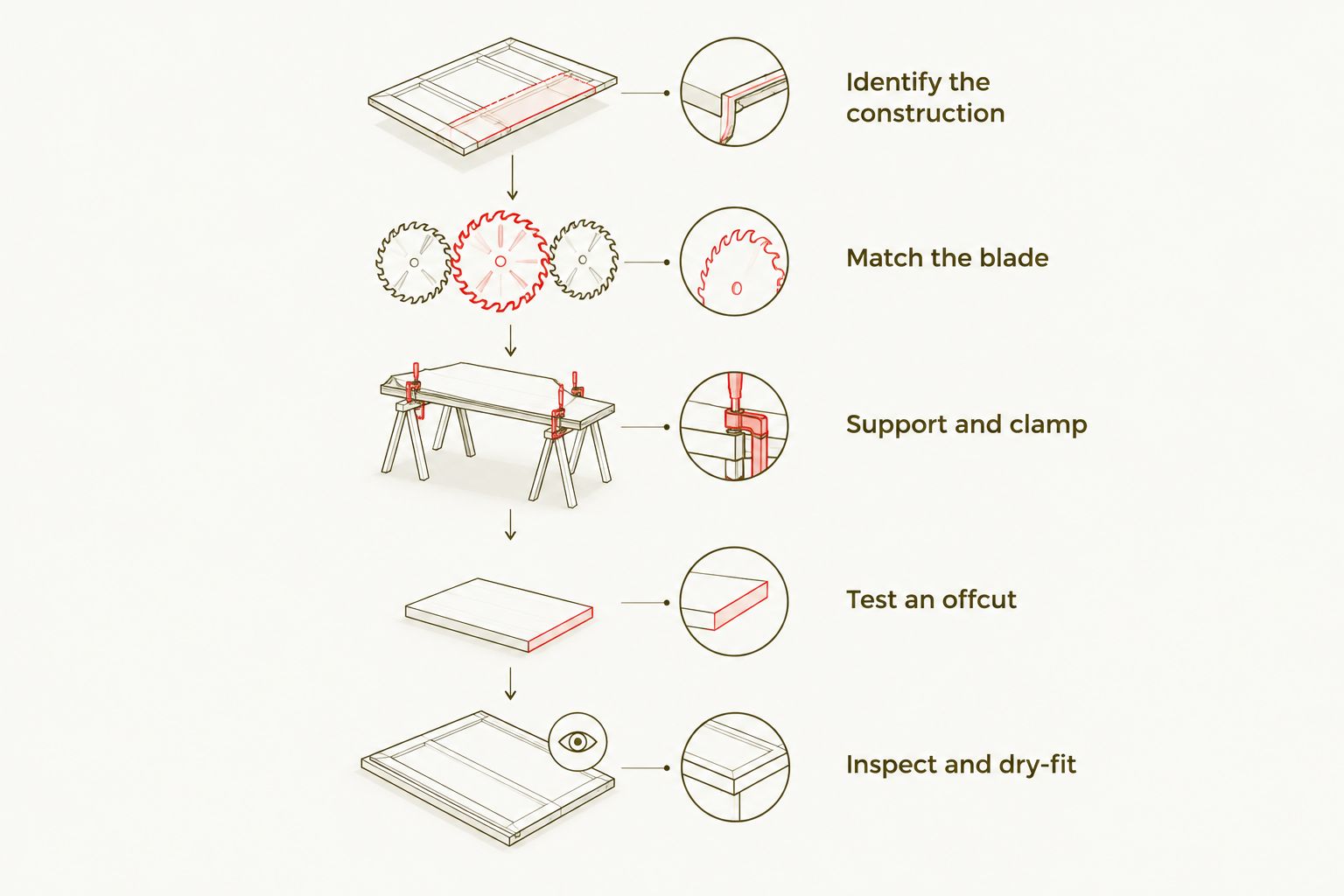 Cutting workflow from identifying panel construction to inspecting and dry-fitting the cut panel