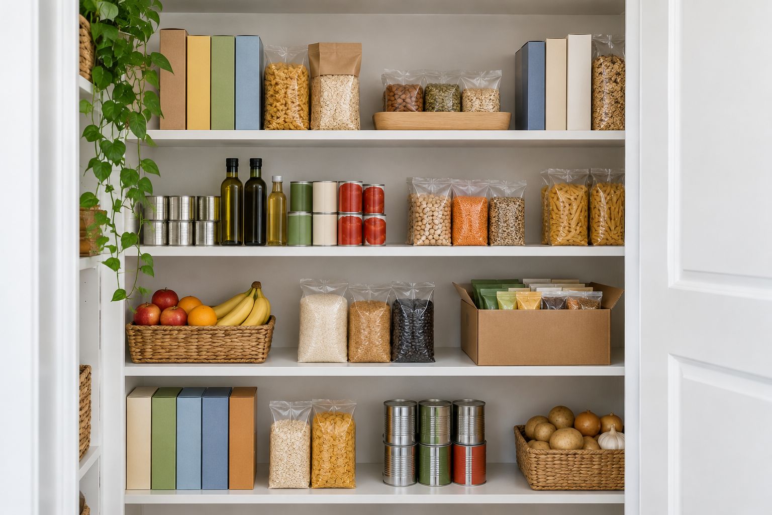 Everyday pantry organized with original packaging, a shallow tray, and a reused box
