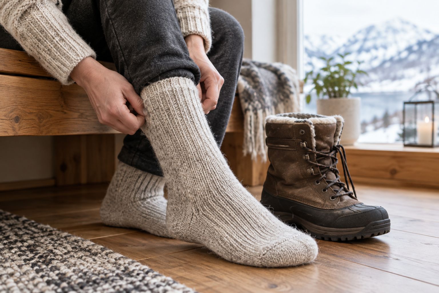 Person checking how a wool sock fits with a winter boot