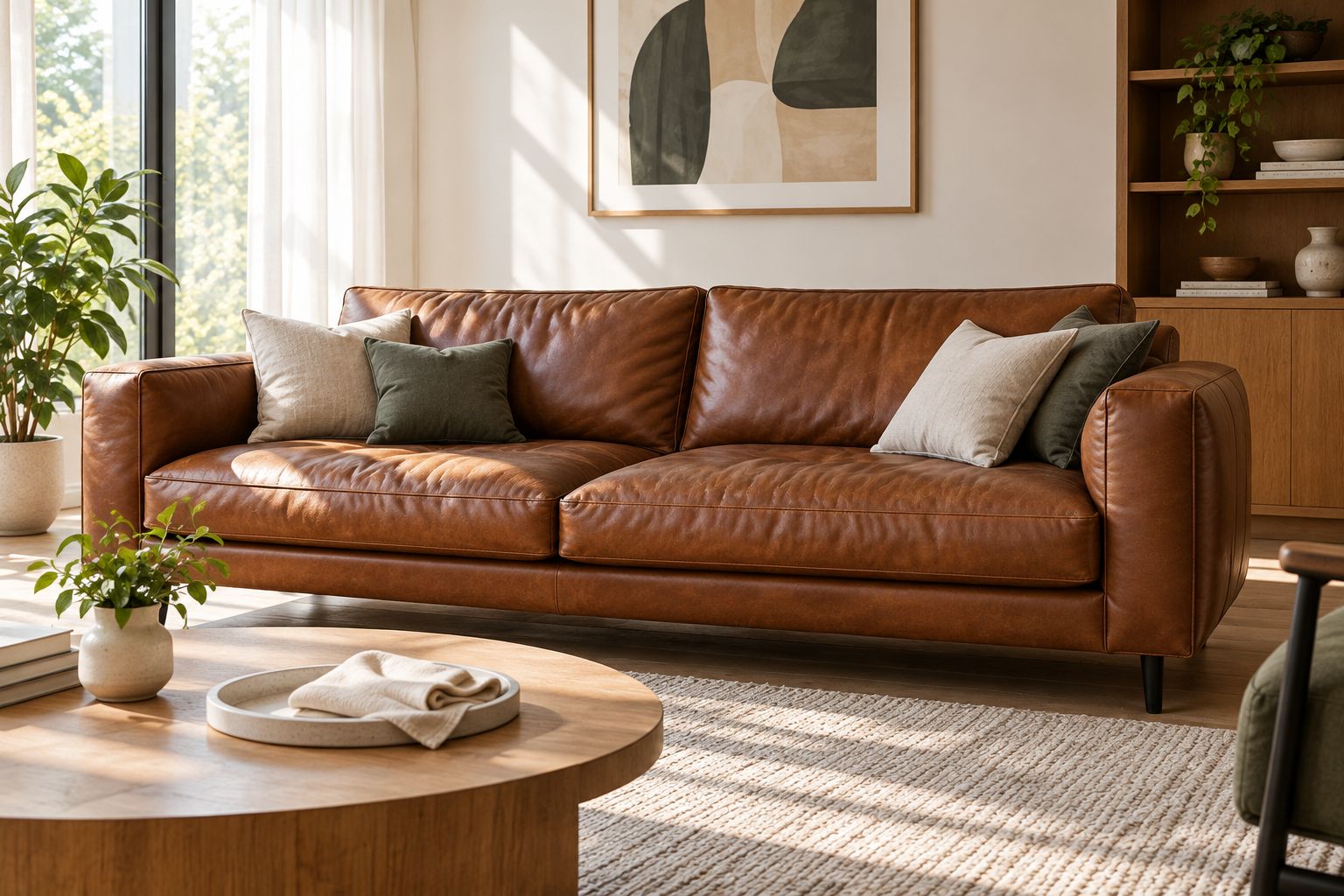 Brown leather sofa with natural creases beside a window with filtered daylight