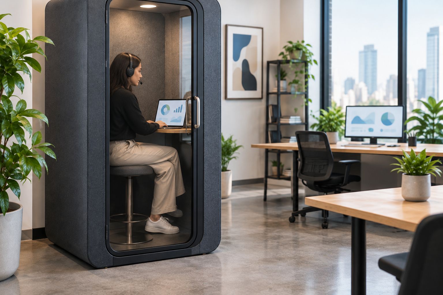 A salesperson using a laptop and headset inside an unbranded office phone booth