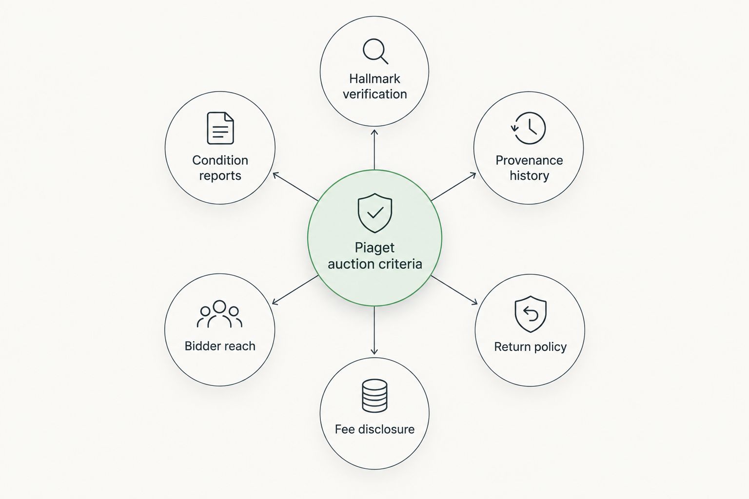 Diagram of six criteria orbiting a central Piaget auction evaluation hub