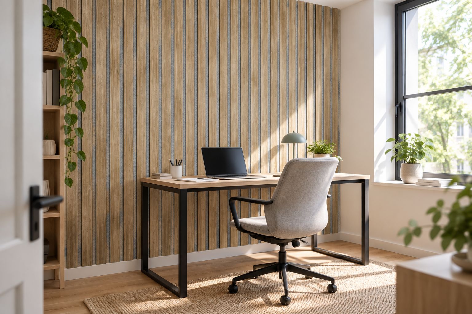 Panneau acoustique installé sur le mur derrière un bureau lumineux