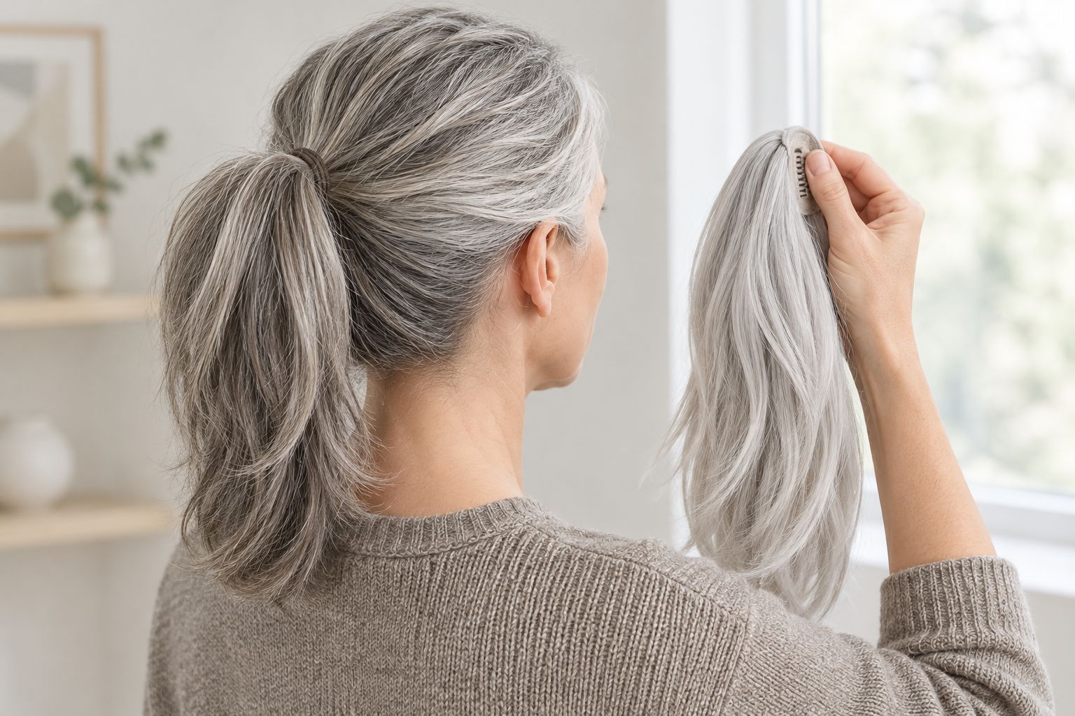 Mixed grey hair compared with a lighter silver ponytail in indirect daylight