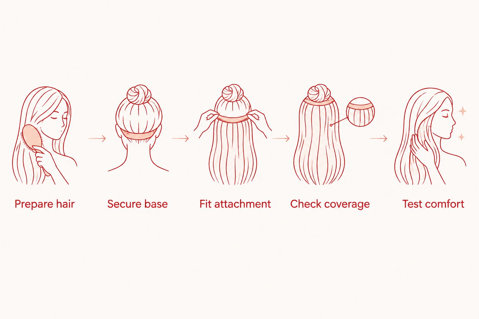 Attachment sequence from preparing hair to checking coverage and comfort