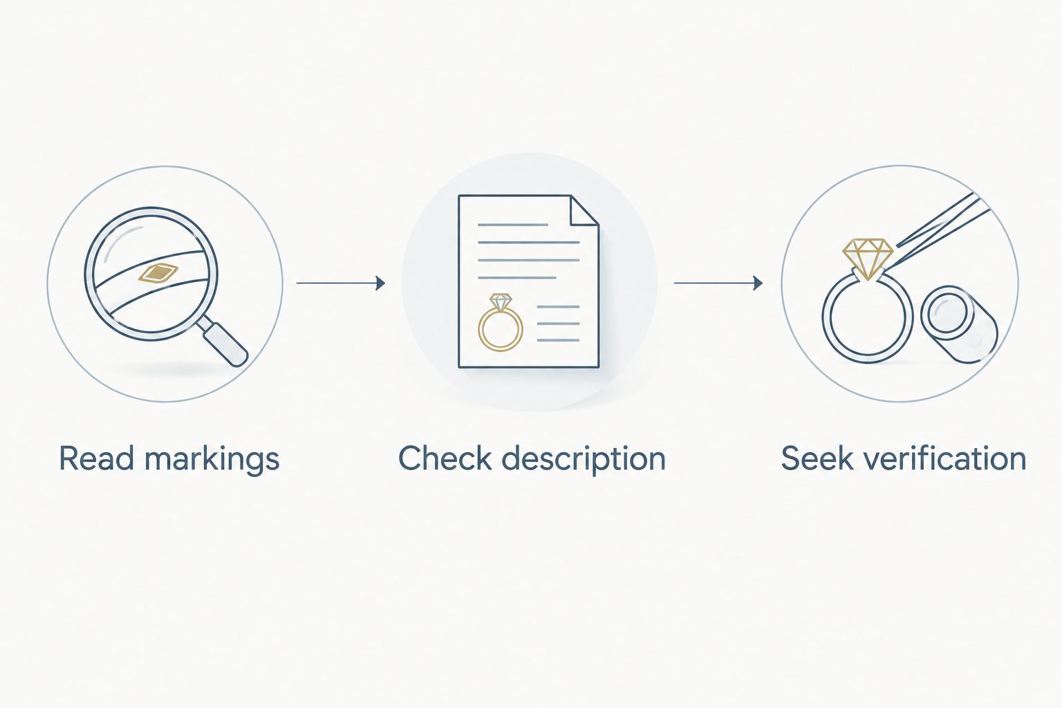 Three steps for checking gold construction: read markings, check the description, and seek verification.