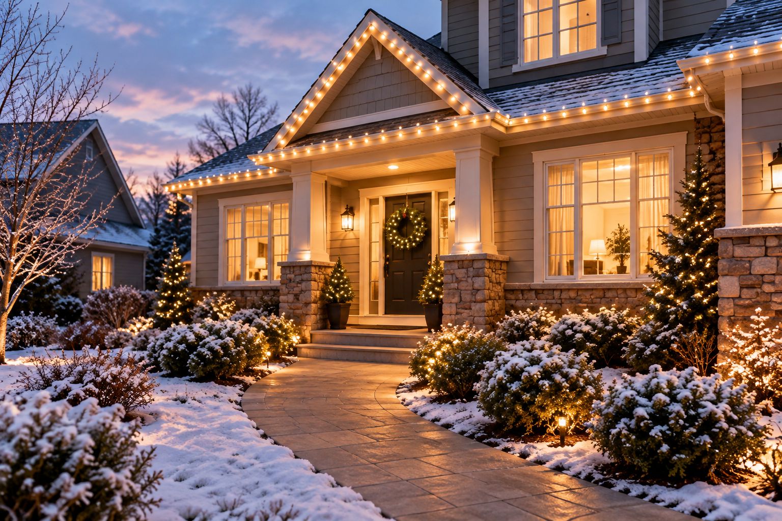 A house with restrained roofline and doorway lighting and a clear approach to the entrance.