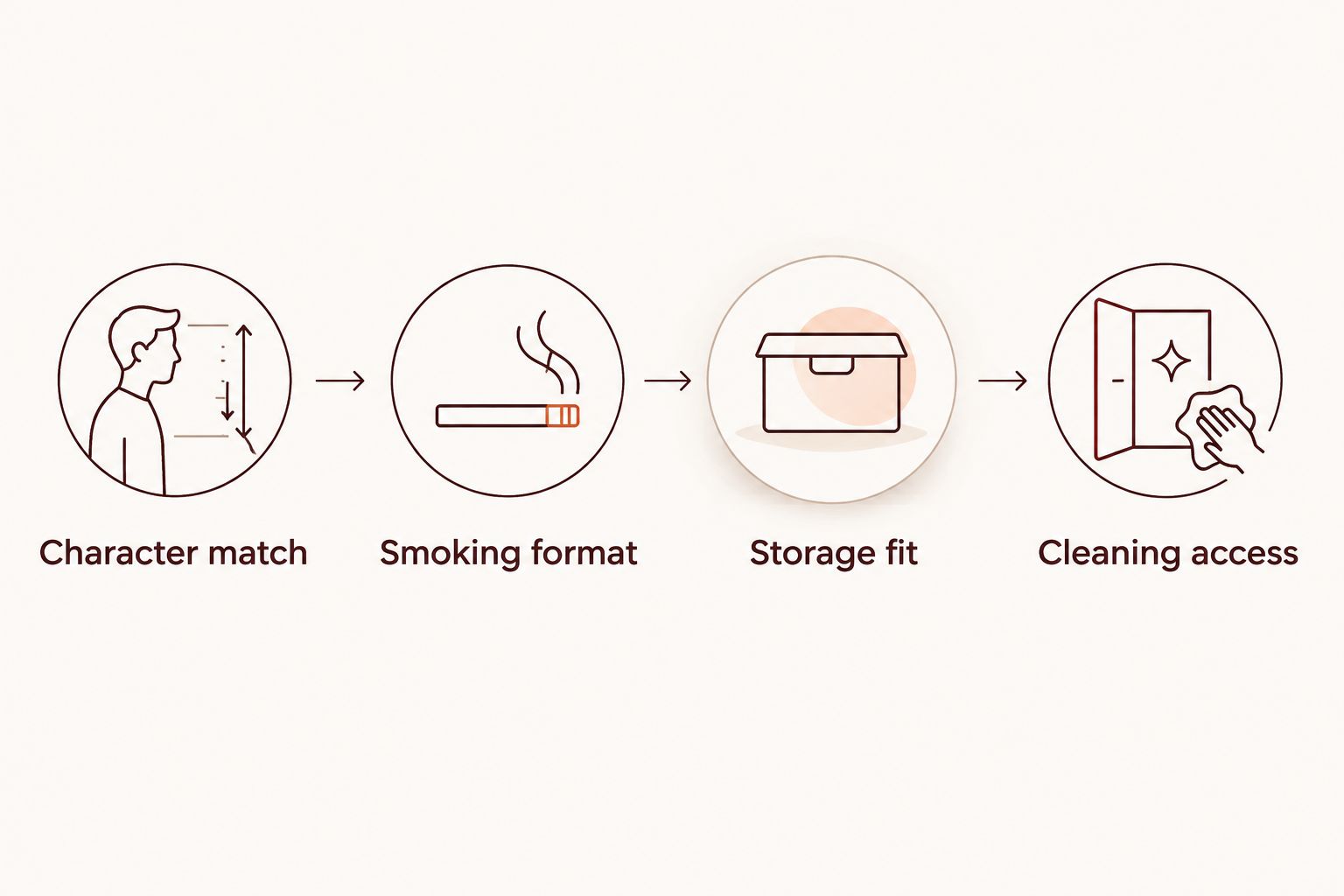 Four checks for choosing themed glassware: character match, smoking format, storage fit, and cleaning access.