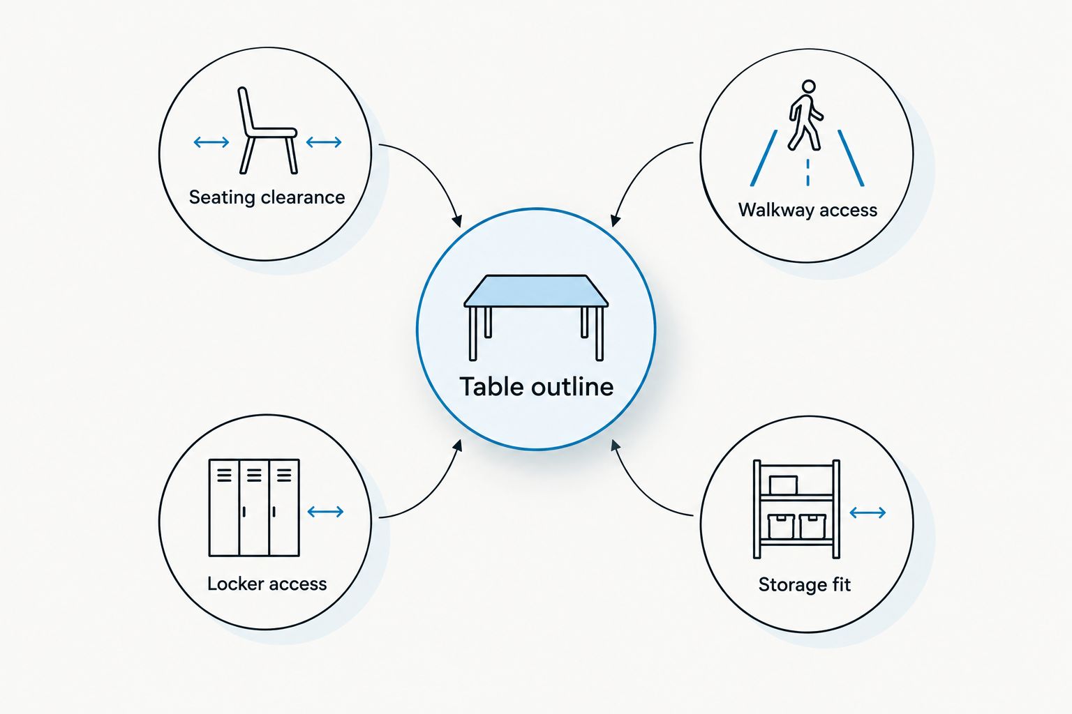 Table outline connected to seating, walkway, locker, and storage clearance checks