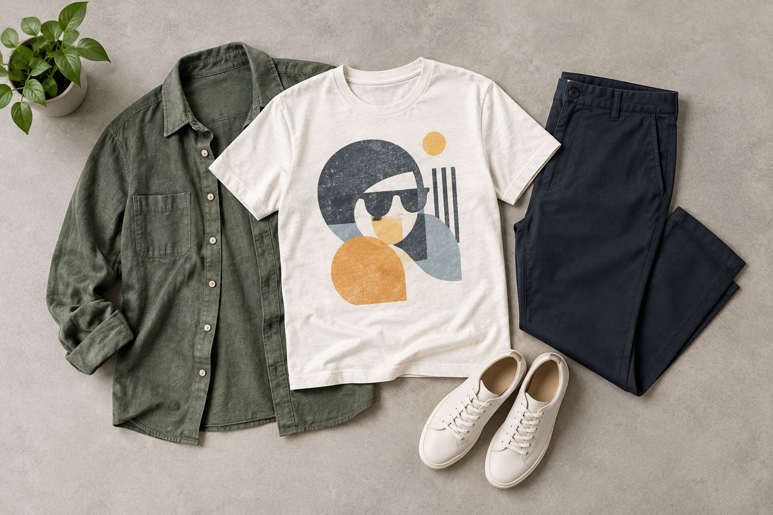 A graphic tee paired with plain dark trousers, simple shoes, and an overshirt.