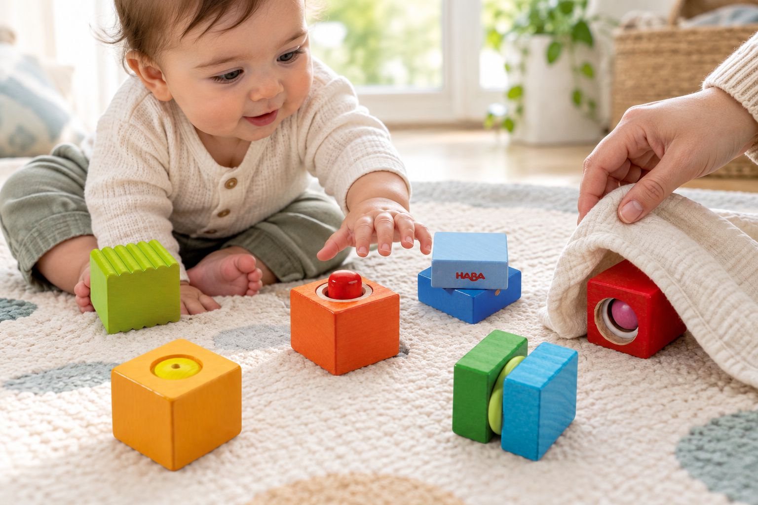 Baby searching for a wooden sound block partly hidden under a cloth
