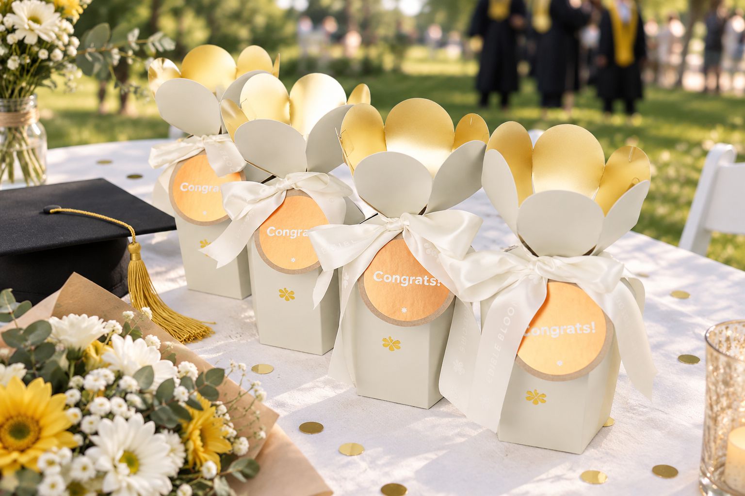 Congrats gift box open on a table at a graduation celebration