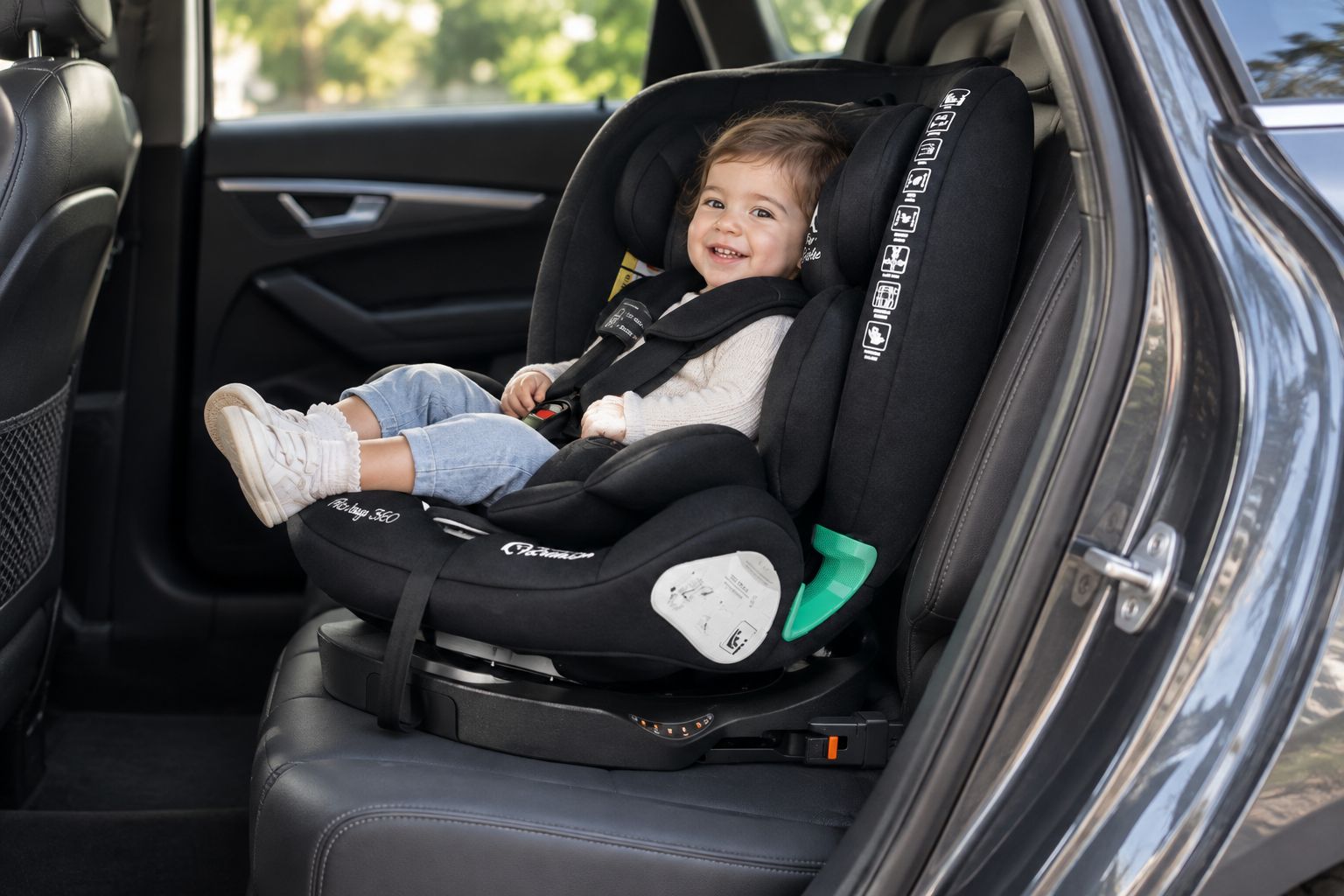 AllStage 360 i-Size car seat fitted in the back seat of a car