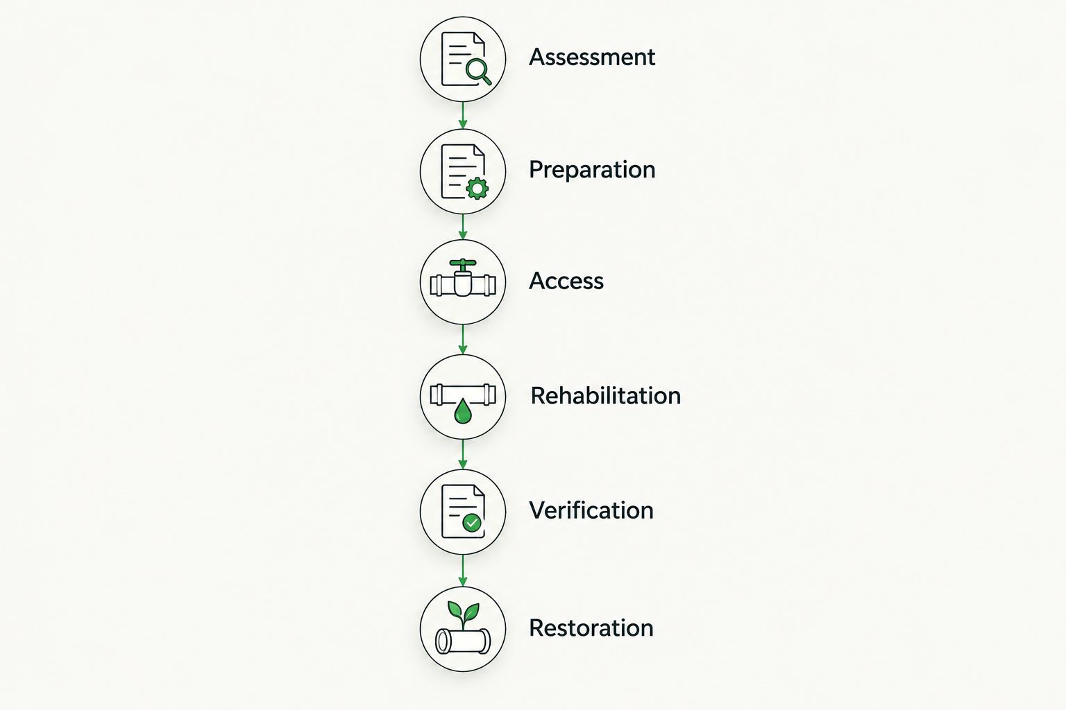 Six scope components for comparing trenchless sewer lining with pipe replacement.