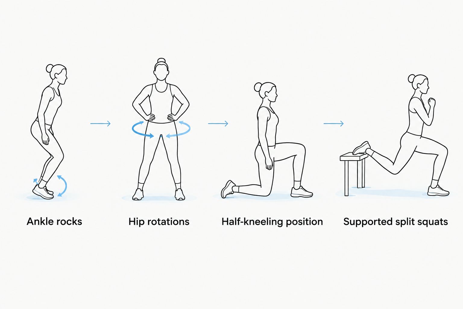 A starter mobility sequence progressing from ankle and hip movement to supported split squats.