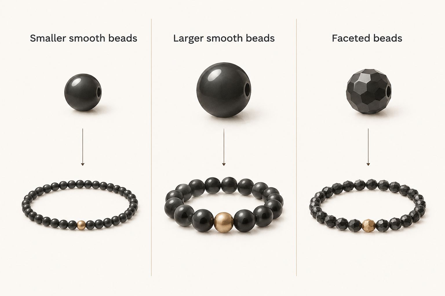 Comparison of smaller smooth beads, larger smooth beads and faceted amethyst bead shapes