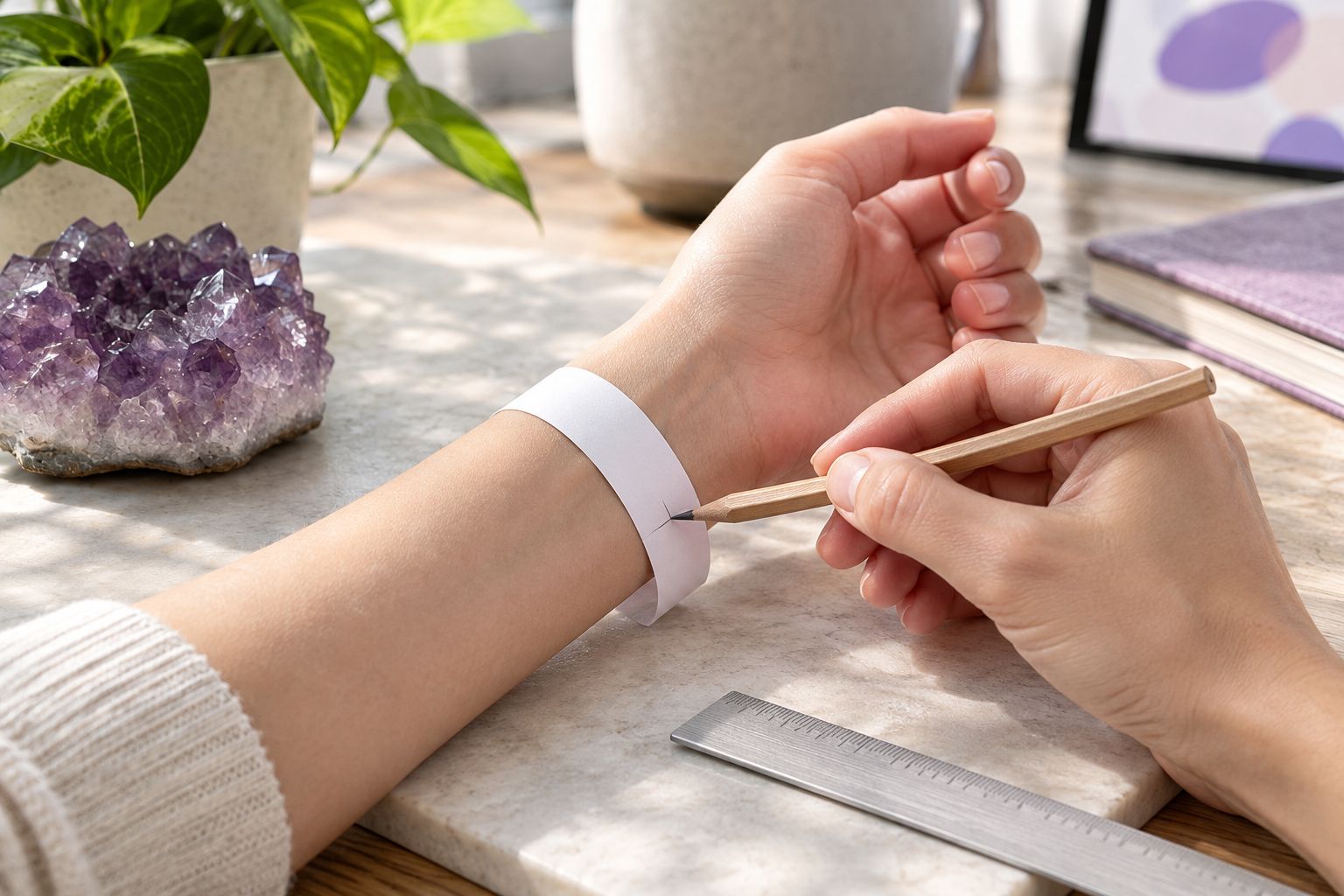 Measuring a bare wrist with a paper strip marked at the overlap
