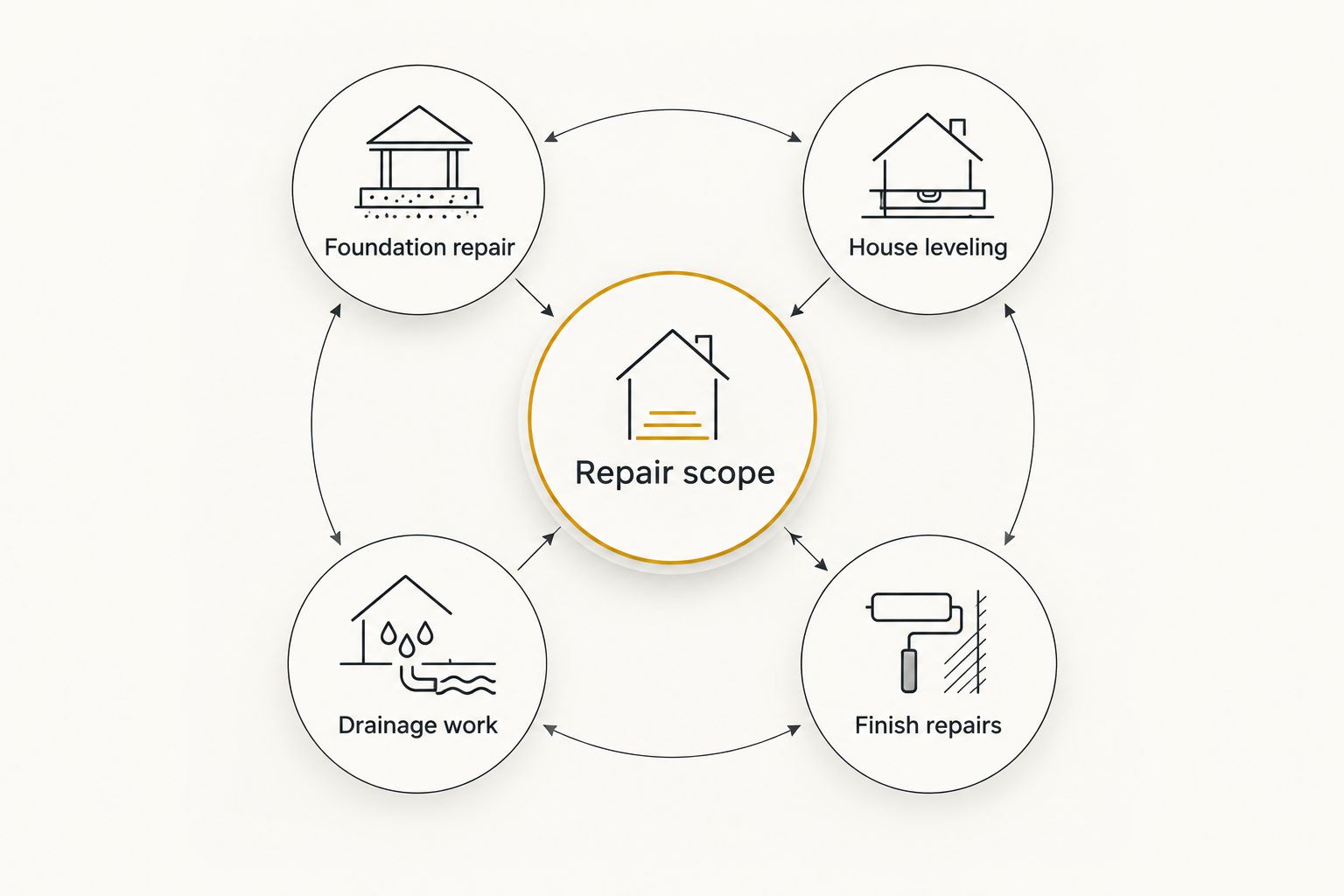 Repair scope divided into foundation repair, house leveling, drainage work, and finish repairs