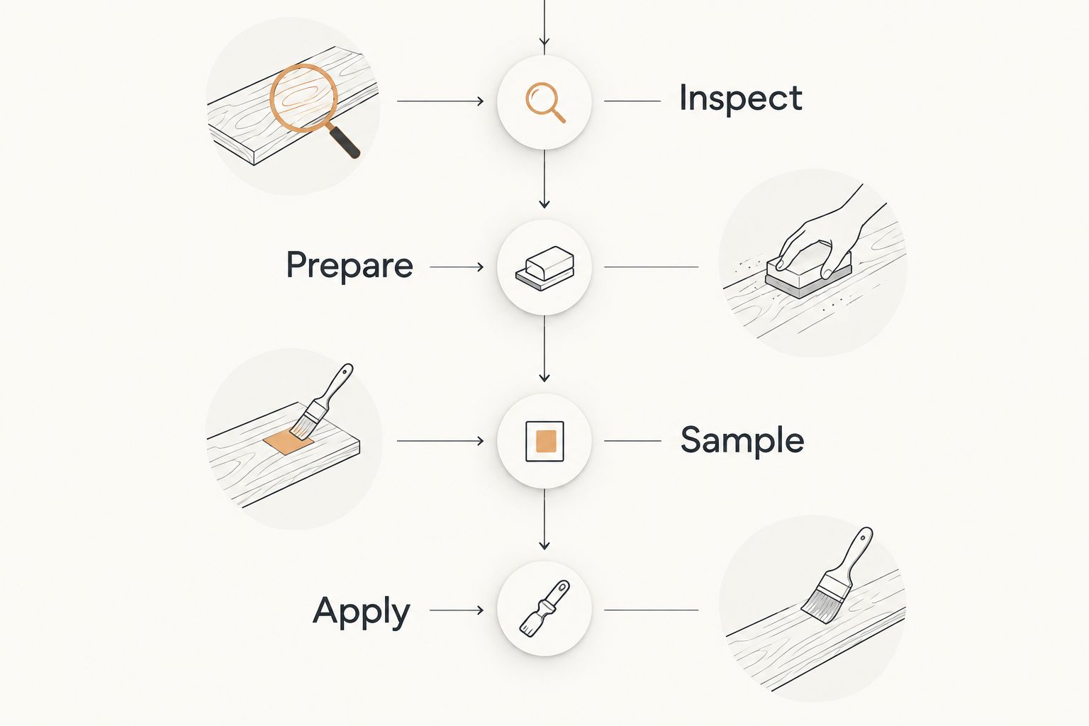 Deck staining sequence: inspect, prepare, sample, then apply.