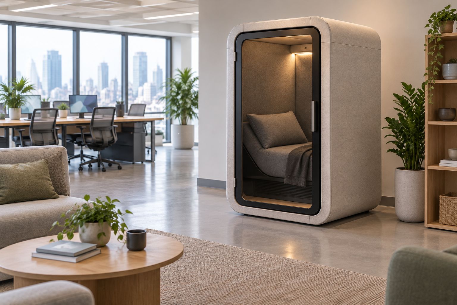 A generic rest pod positioned away from desk sightlines in a separate office rest area