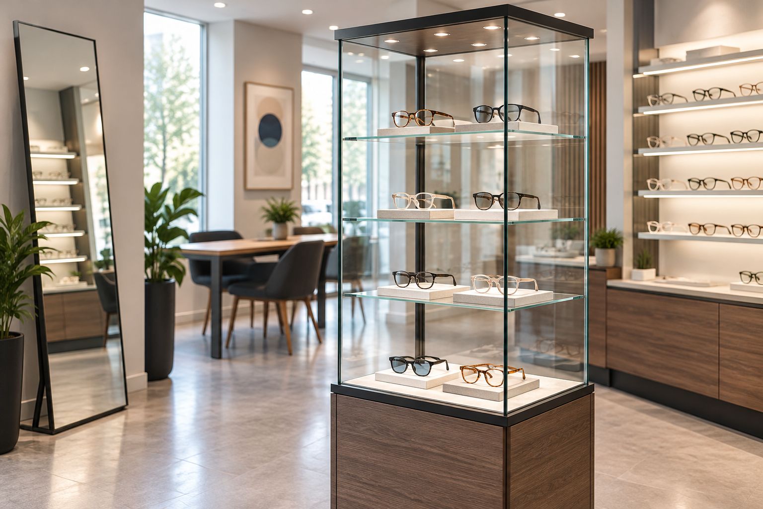 Glasvitrine mit unterschiedlichen Brillenfassungen und seitlichem Anprobespiegel