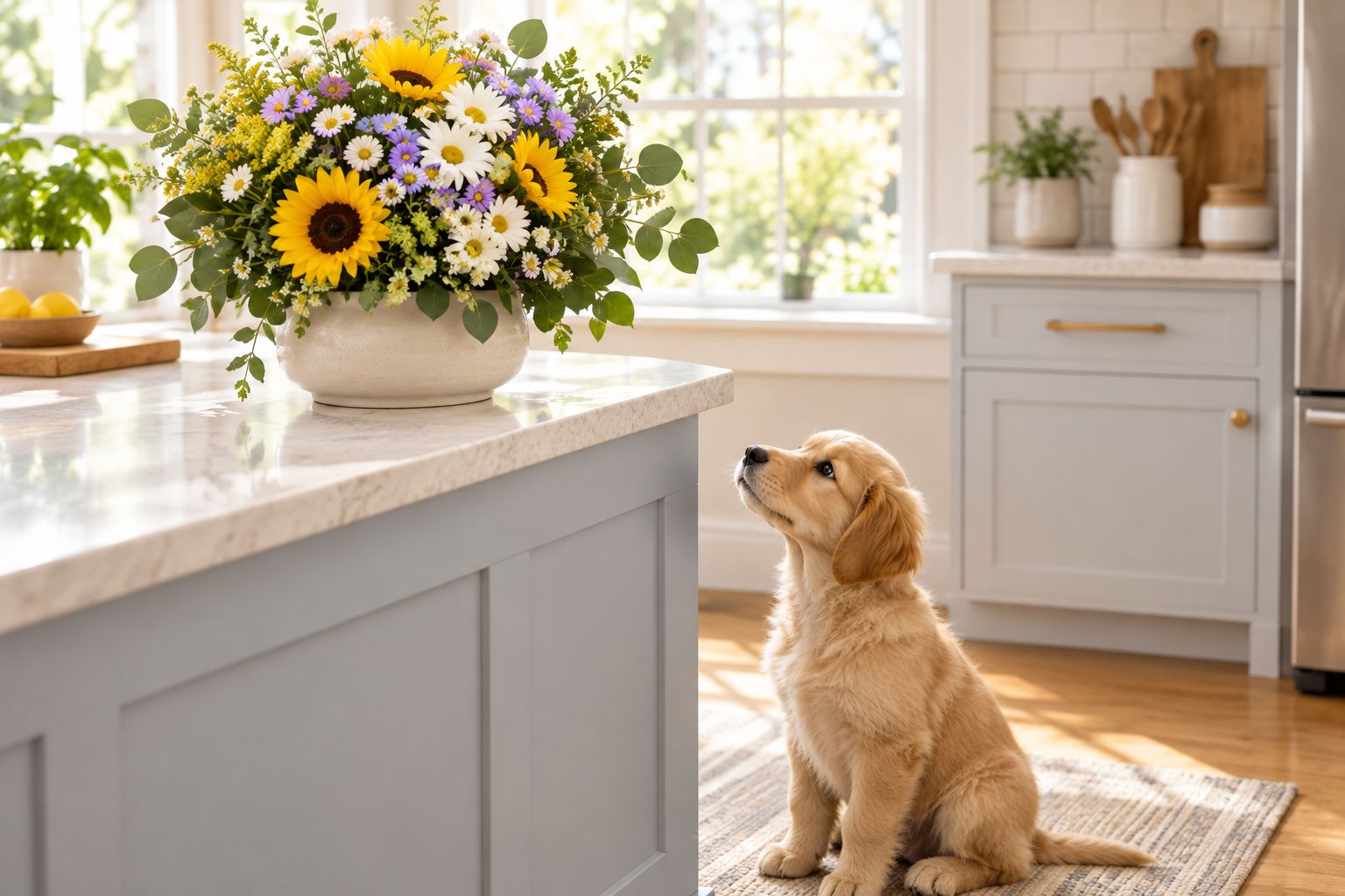 A stable flower vase placed on a high counter above a curious puppy