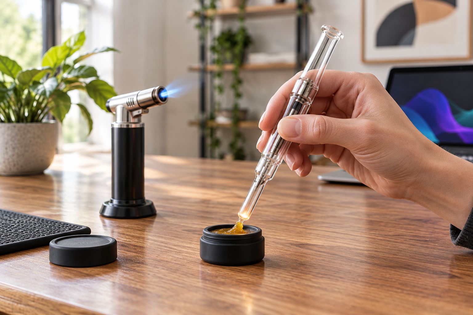 Hand dipping a nectar collector tip into concentrate after torching