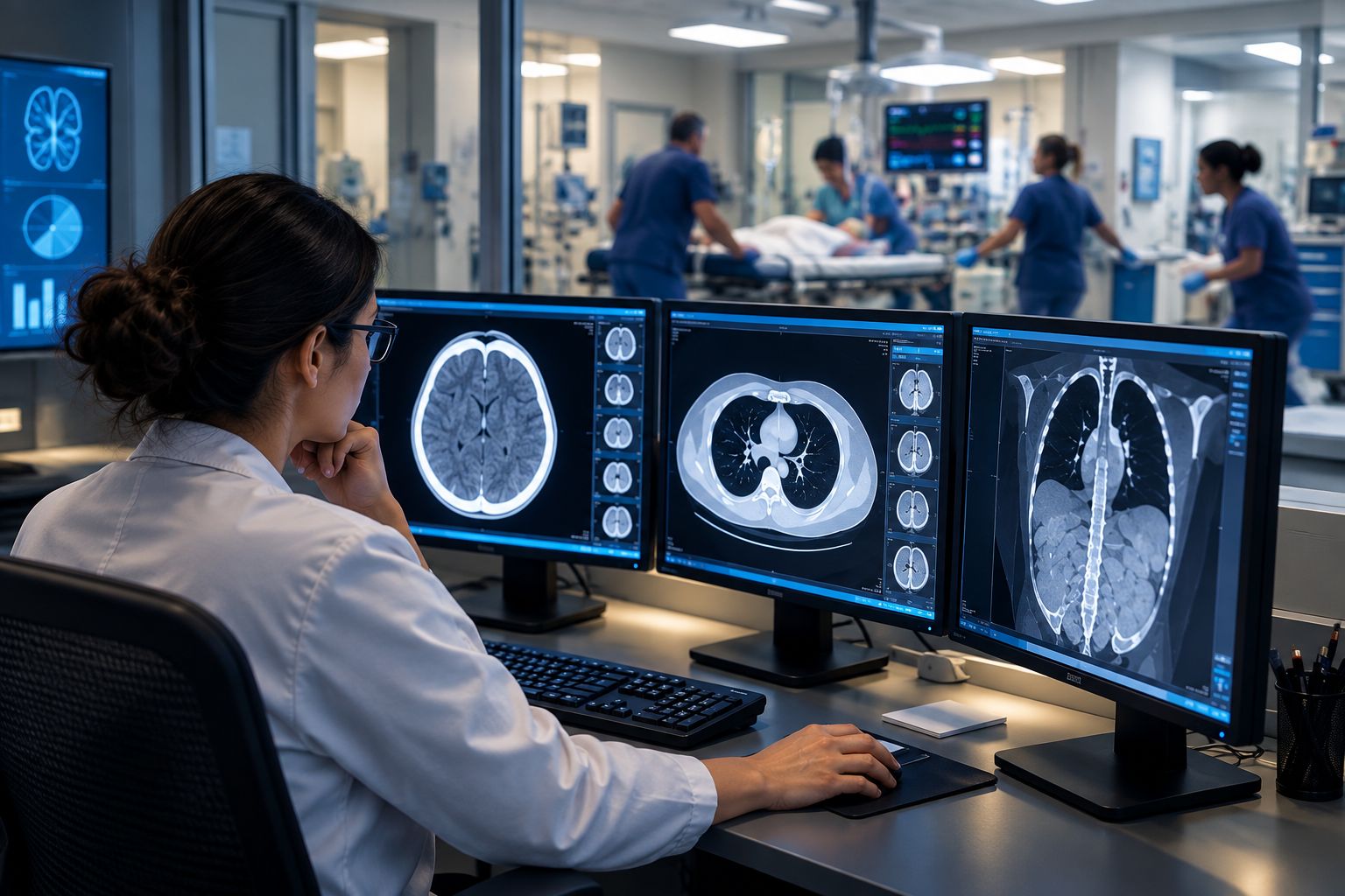 Radiologist reviewing CT images at a workstation embedded inside an emergency department