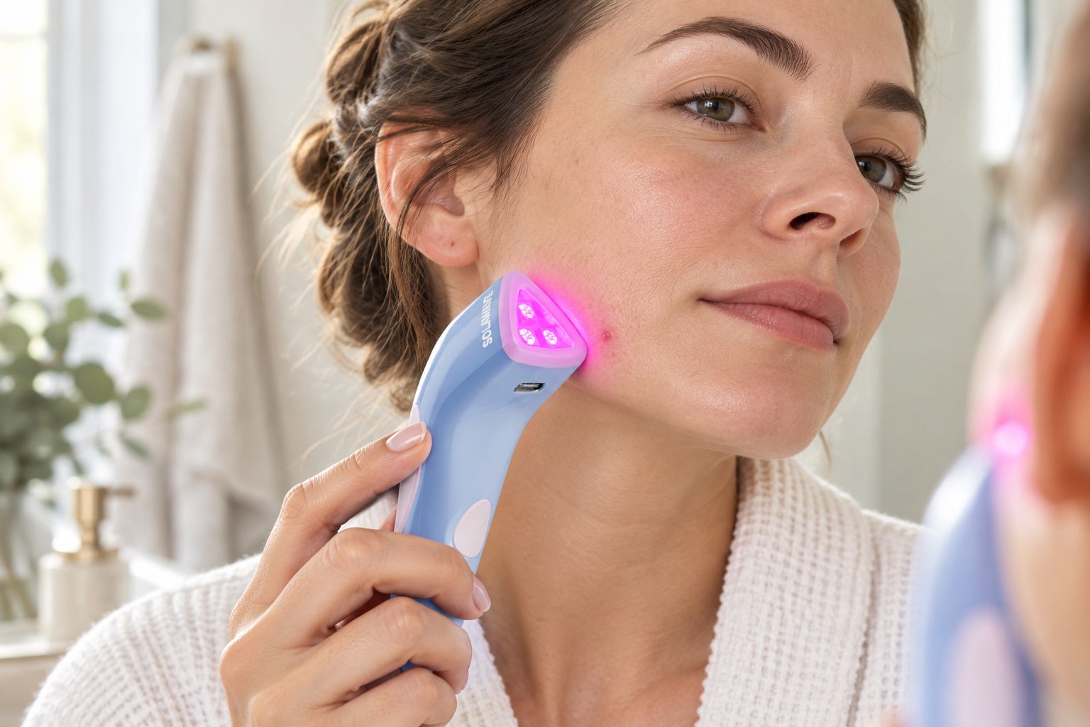 Handheld red and blue light spot treatment device used on jawline acne