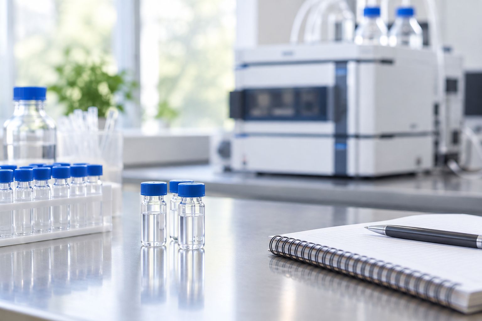 Capped laboratory samples beside a notebook and chromatography instrument